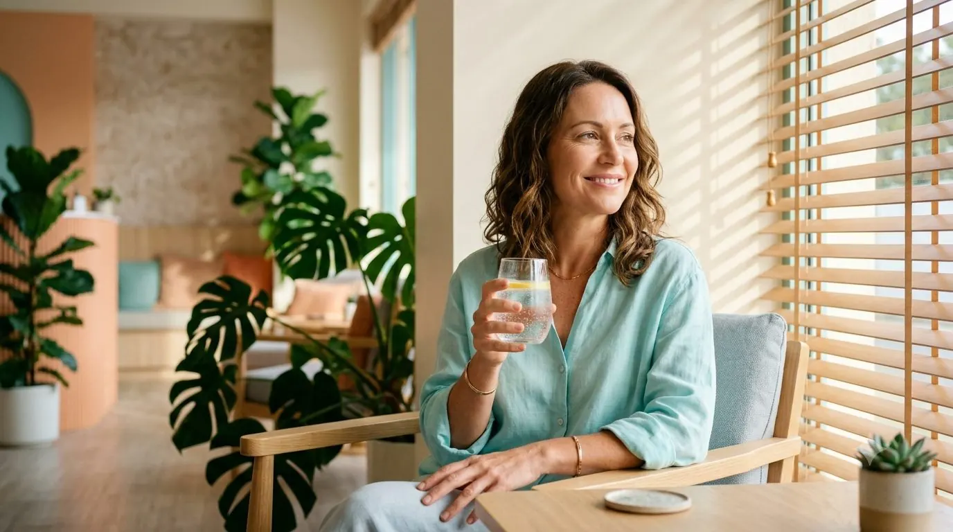A woman sitting with a glass of water in a bright, plant-filled room.